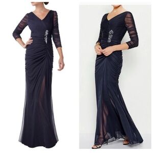 Adrianna Papell Navy VNeck Ruched Evening Dress with Embellishment size 22 #134